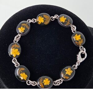Mexican Silver Bracelet Sterling Silver Pressed Flowers‎ Resin Links 7.5" 17.8g